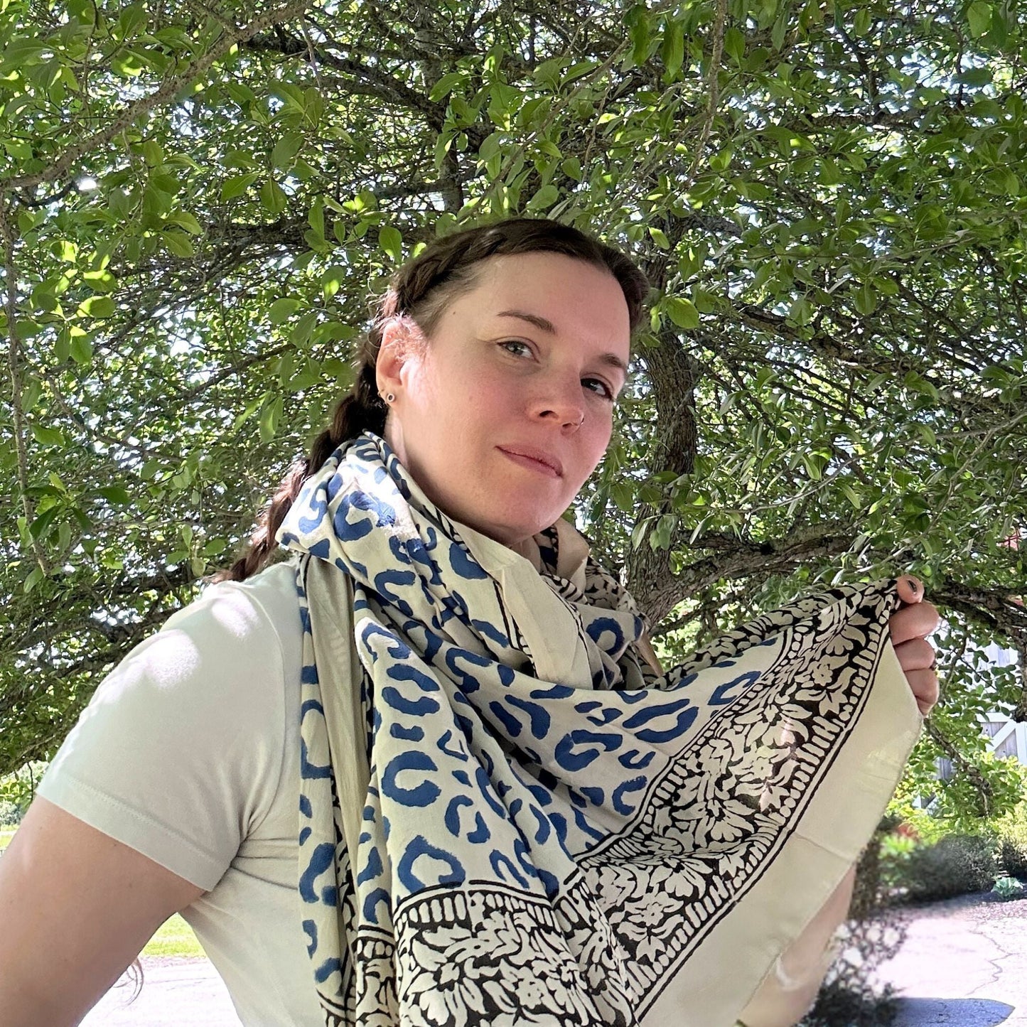 Wild Indigo Bloom Hand Block Print Cotton Scarf – Oversized Boho Wrap - view 9