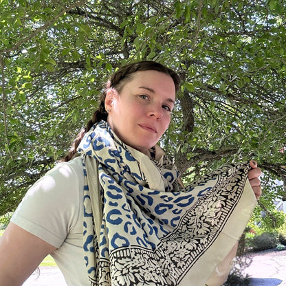 Wild Indigo Bloom Hand Block Print Cotton Scarf – Oversized Boho Wrap - view 9