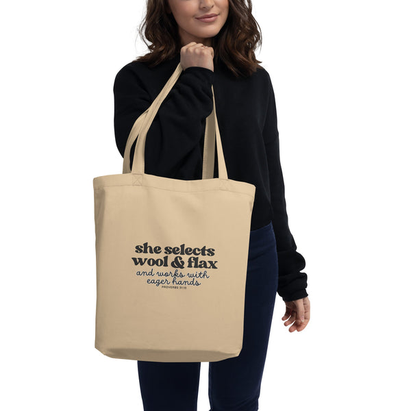 "She Selects Wool & Flax" Scripture Eco Tote Bag