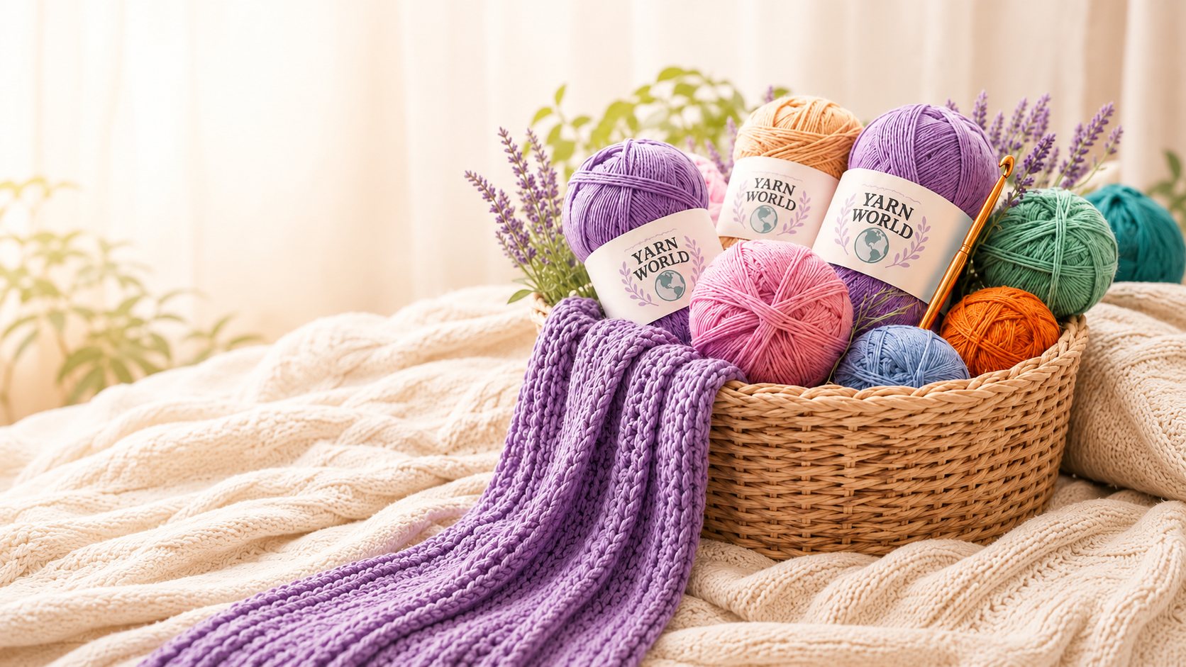A woven basket of Yarn World pastel yarns on a cozy knit blanket